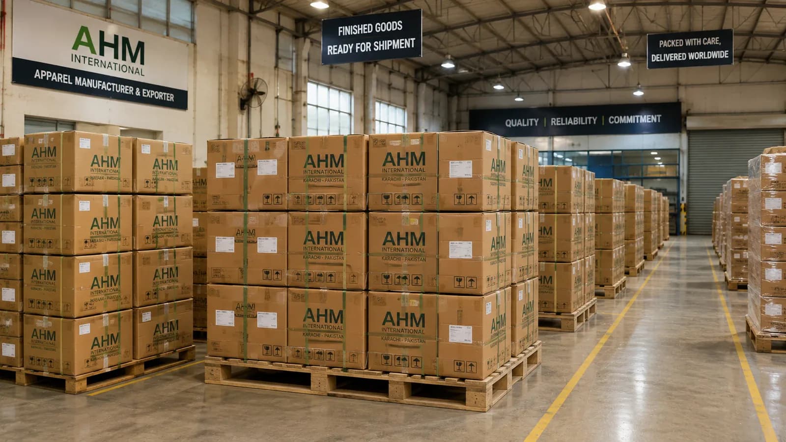 Marked cartons stacked and ready for despatch