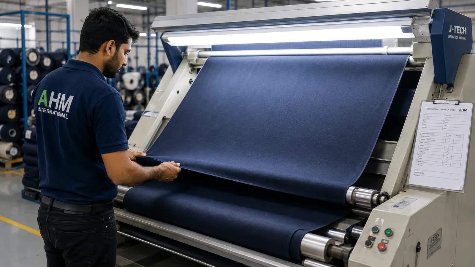 Fabric being inspected on the frame before cutting