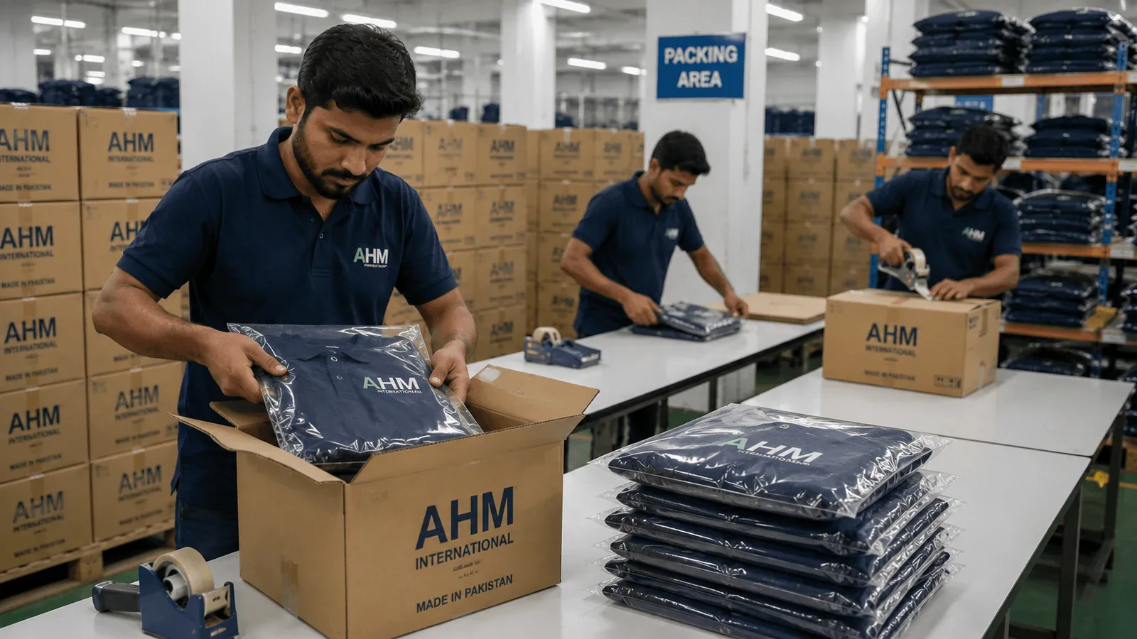 Garments being folded, polybagged and carton-packed