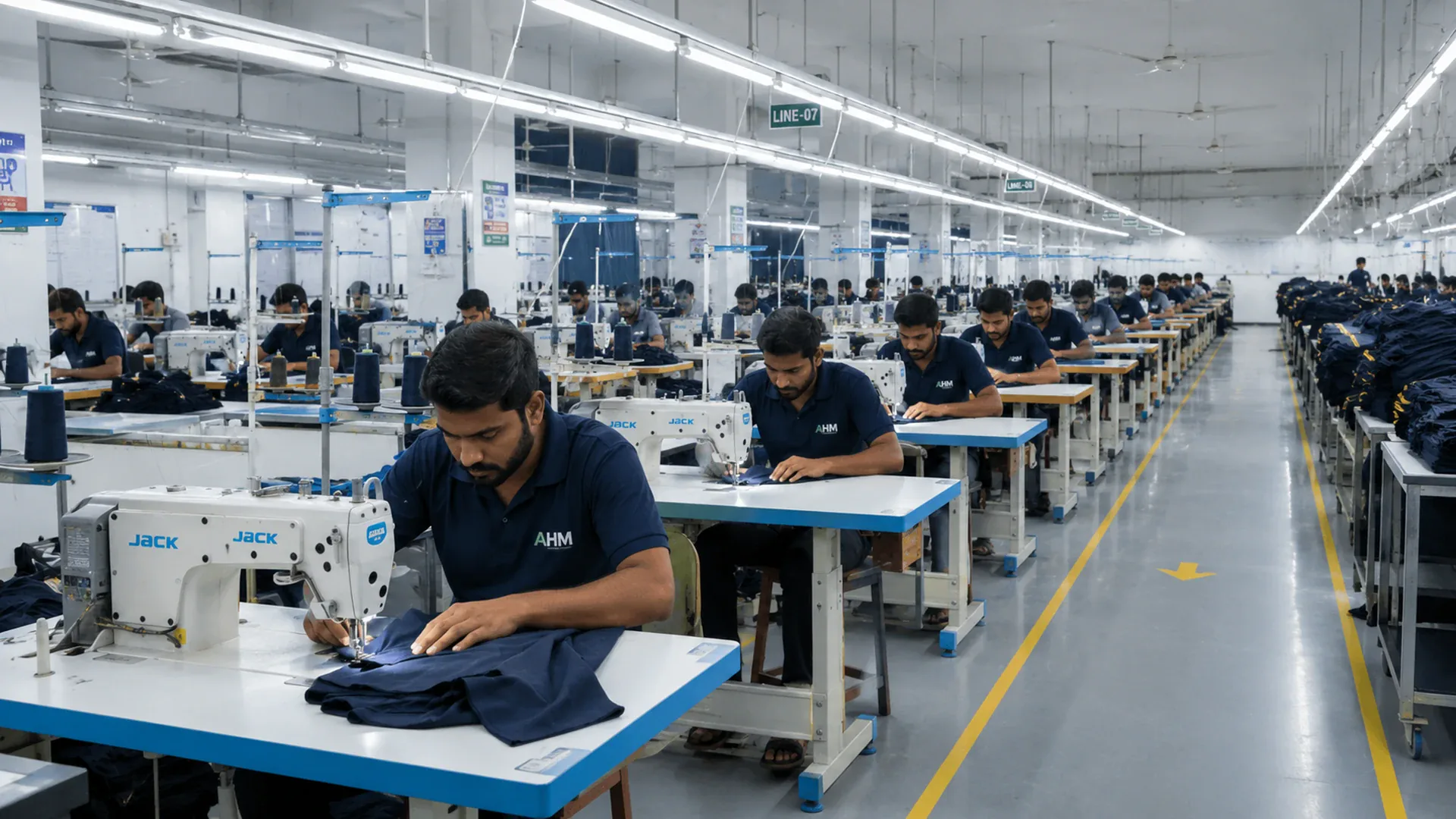 Industrial sewing machine stitching a charcoal workwear garment, operator hands guiding the fabric