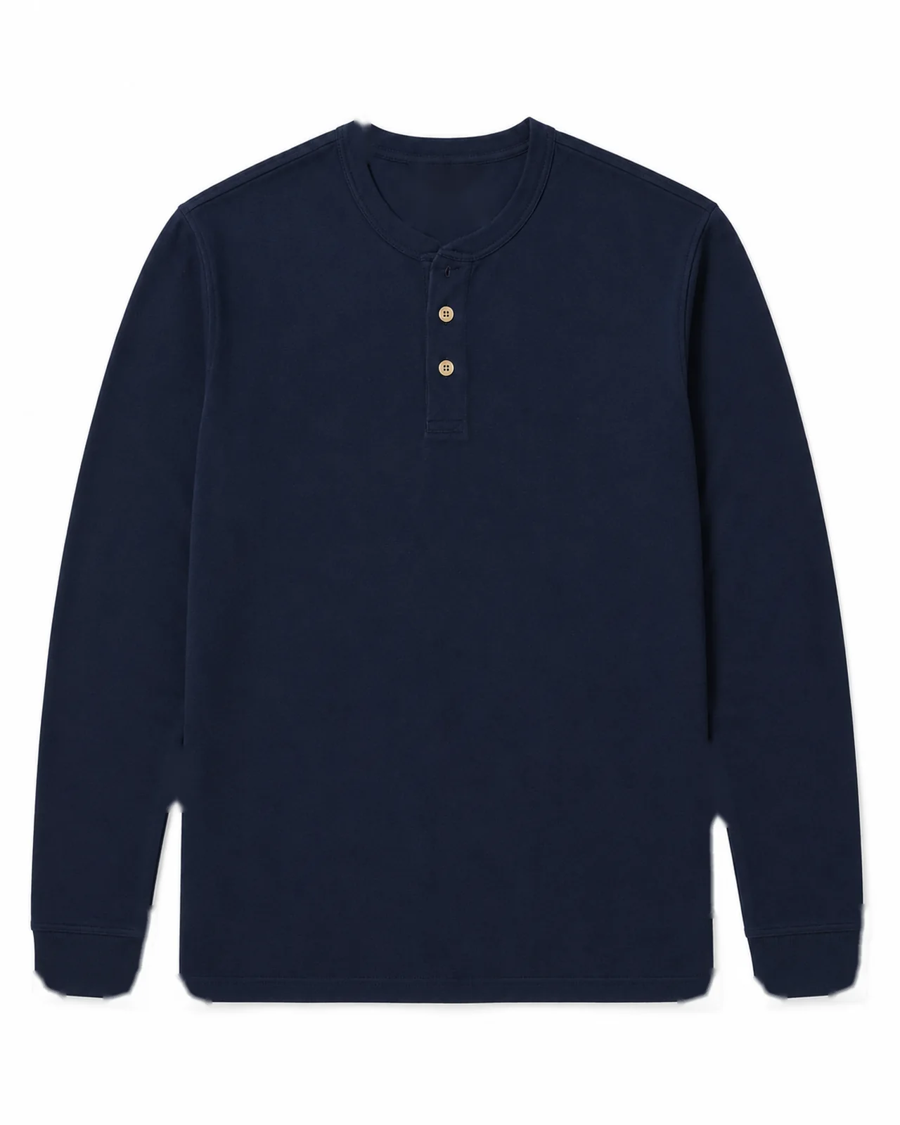 Navy long-sleeve henley. Photographed production sample
