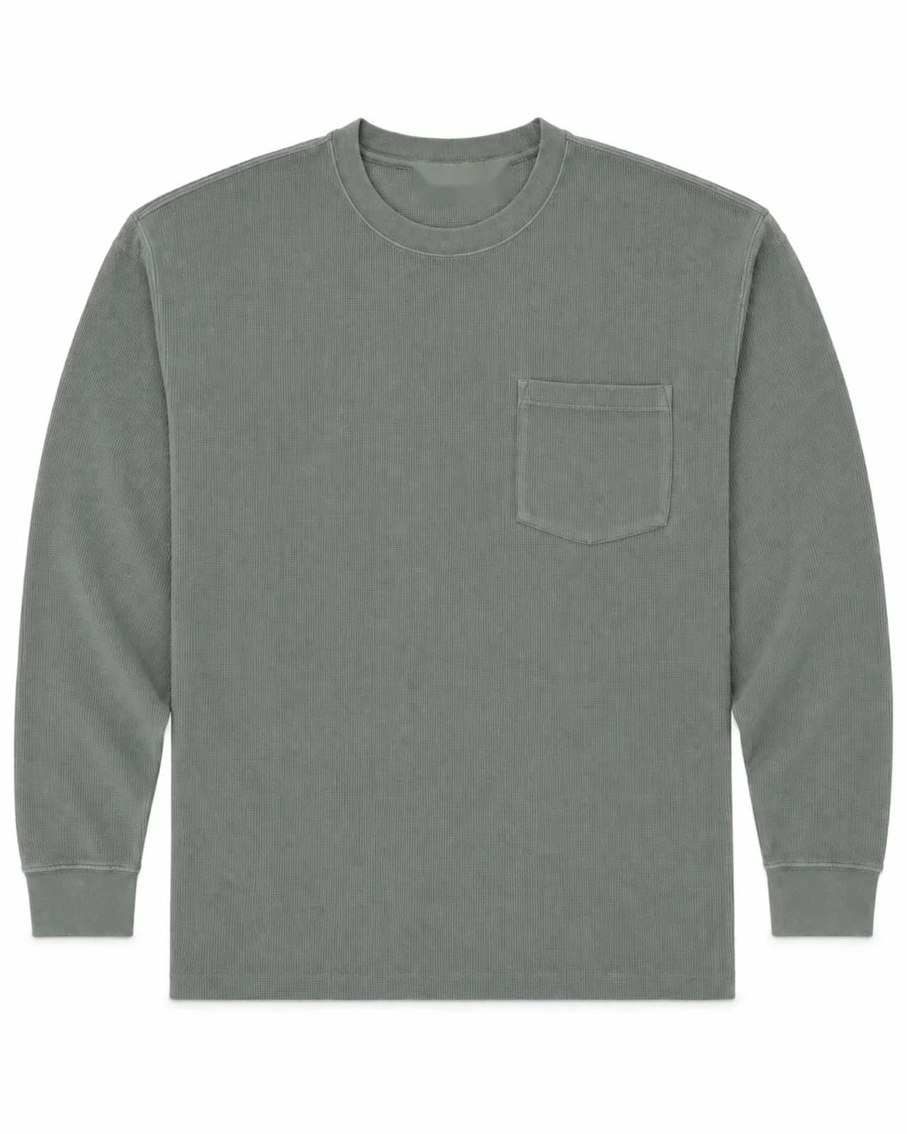 Sage waffle-knit thermal shirt, alternate view. Photographed production sample