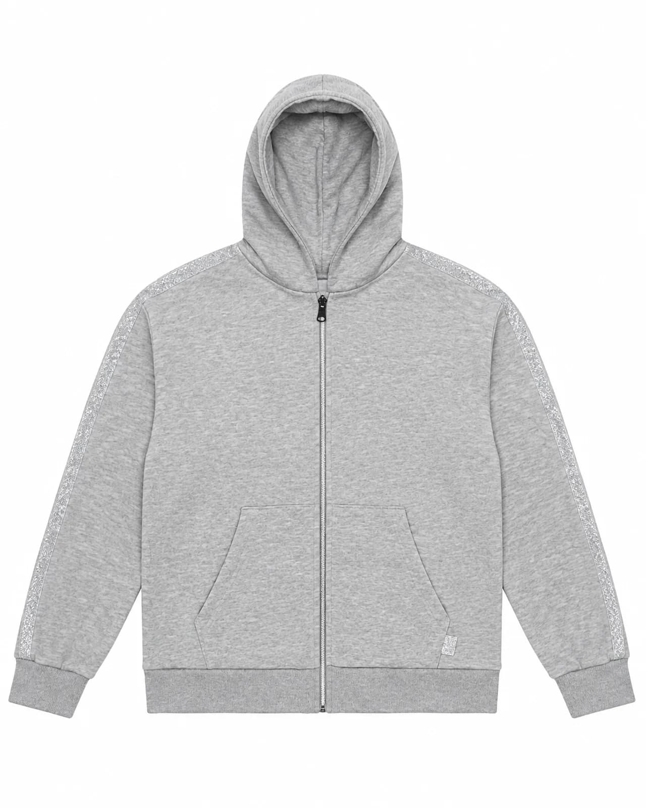 Grey full-zip hooded fleece. Photographed production sample
