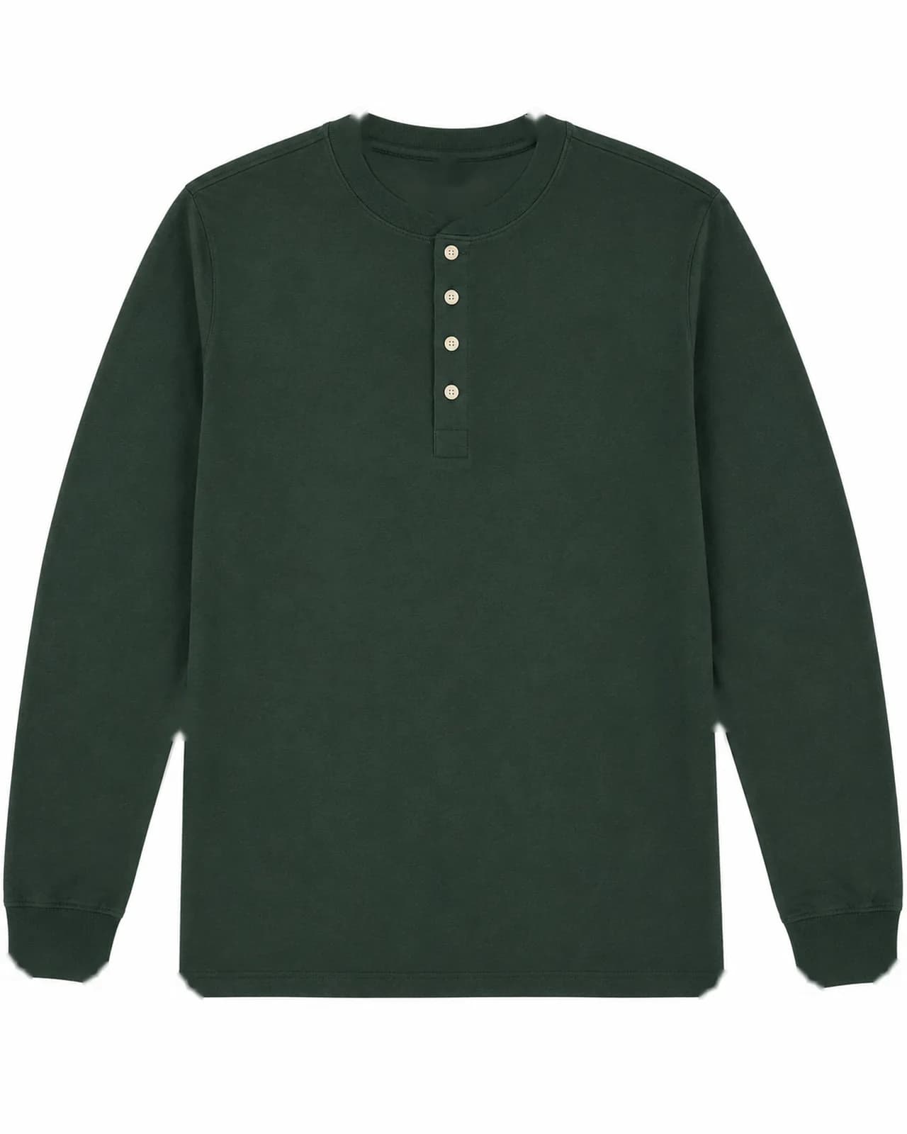 Forest green long-sleeve henley. Photographed production sample
