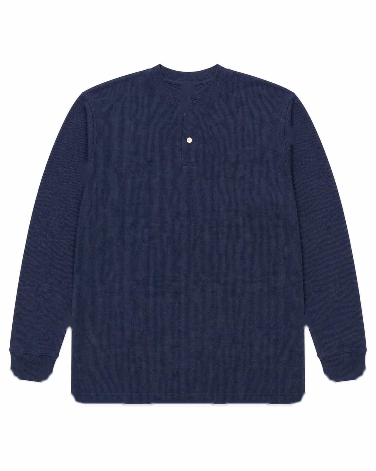 Navy waffle-knit henley. Photographed production sample