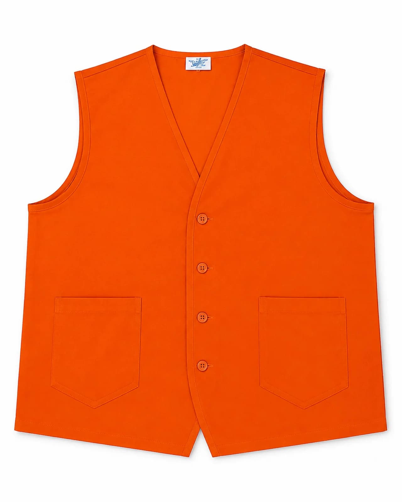 High-visibility orange buttoned work vest. Photographed production sample